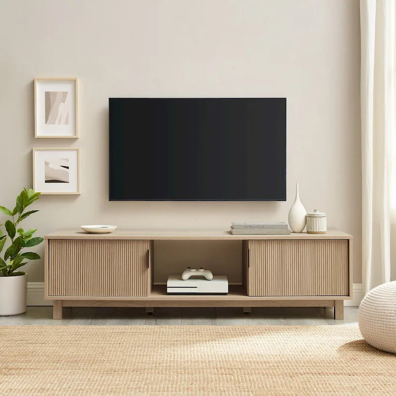 Meuble TV à porte cannelée – Mocha / Chêne Côtier, Convient aux téléviseurs jusqu'à 65", Montage par 1 personne
