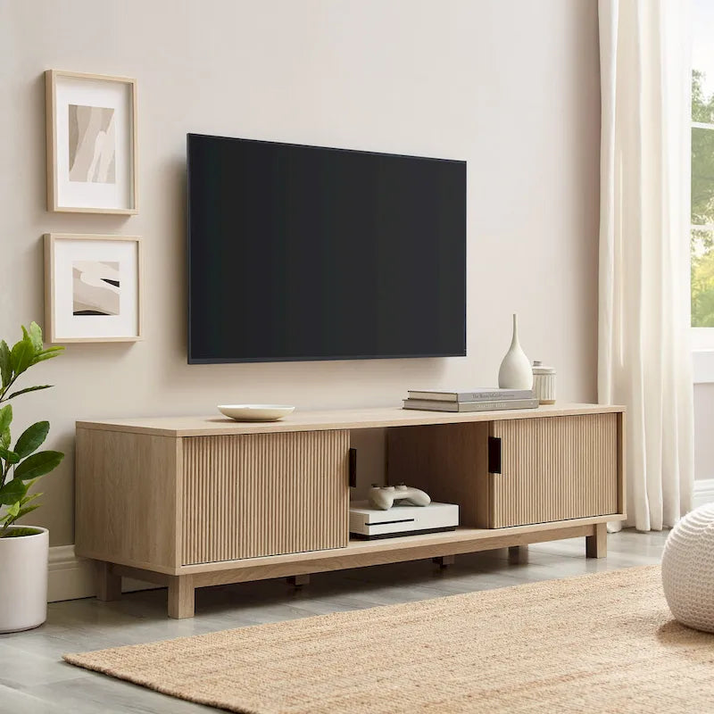 Meuble TV à porte cannelée – Mocha / Chêne Côtier, Convient aux téléviseurs jusqu'à 65", Montage par 1 personne