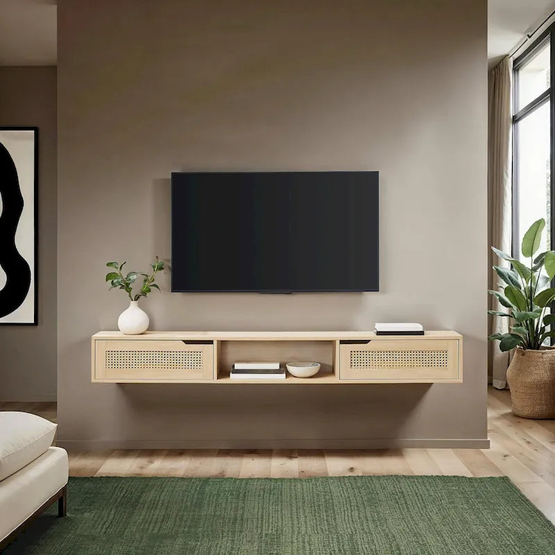 Meuble TV flottant en chêne côtier et rotin synthétique noir avec portes, 178 cm