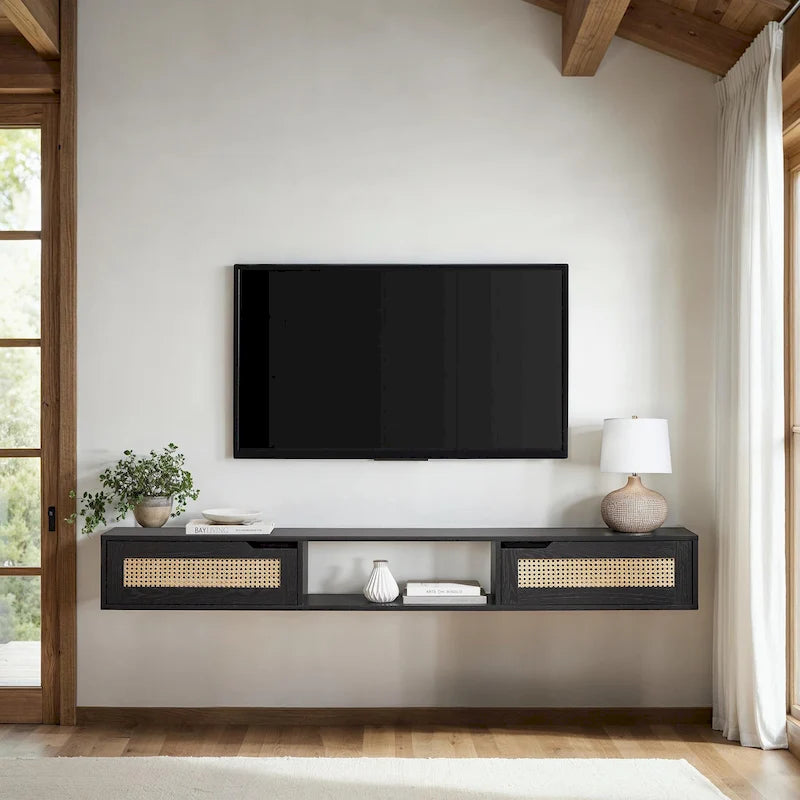 Meuble TV flottant en chêne côtier et rotin synthétique noir avec portes, 178 cm