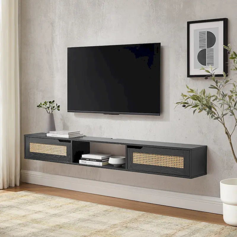 Meuble TV flottant en chêne côtier et rotin synthétique noir avec portes, 178 cm