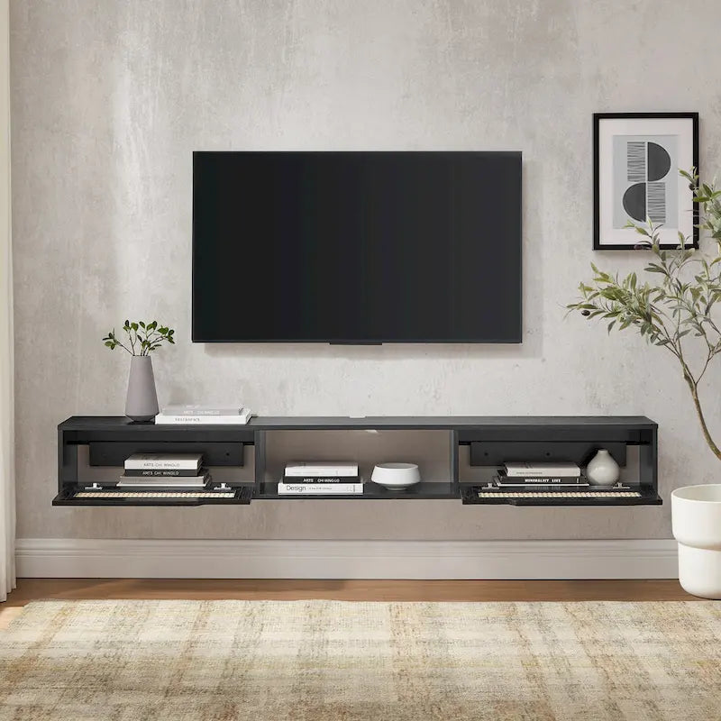 Meuble TV flottant en chêne côtier et rotin synthétique noir avec portes, 178 cm