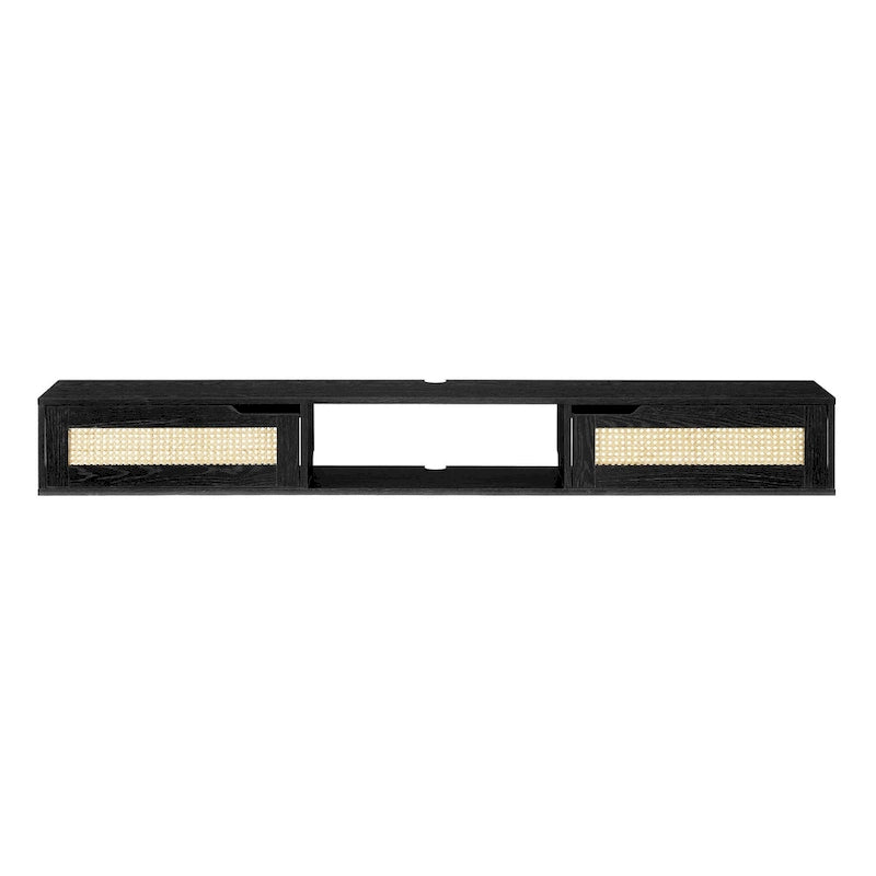 Meuble TV flottant en chêne côtier et rotin synthétique noir avec portes, 178 cm