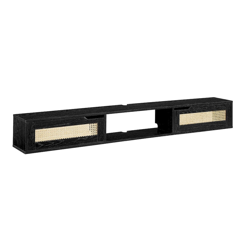 Meuble TV flottant en chêne côtier et rotin synthétique noir avec portes, 178 cm