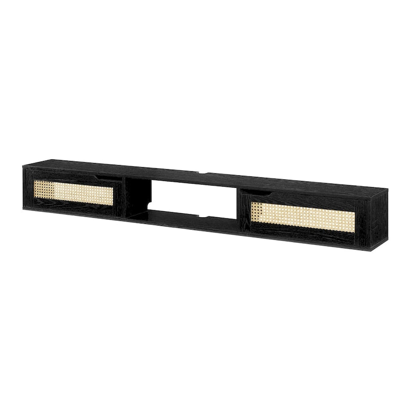 Meuble TV flottant en chêne côtier et rotin synthétique noir avec portes, 178 cm
