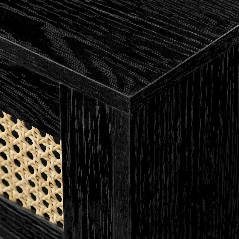 Meuble TV flottant en chêne côtier et rotin synthétique noir avec portes, 178 cm