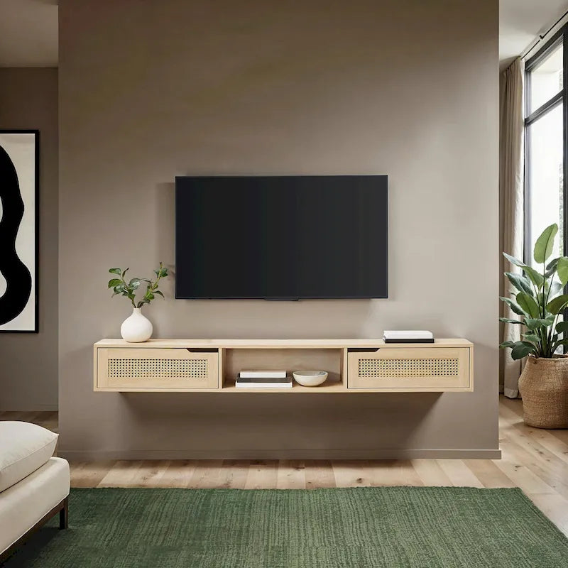 Meuble TV flottant en chêne côtier et rotin synthétique noir avec portes, 178 cm