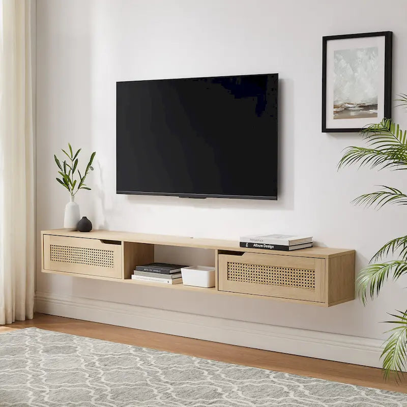 Meuble TV flottant en chêne côtier et rotin synthétique noir avec portes, 178 cm