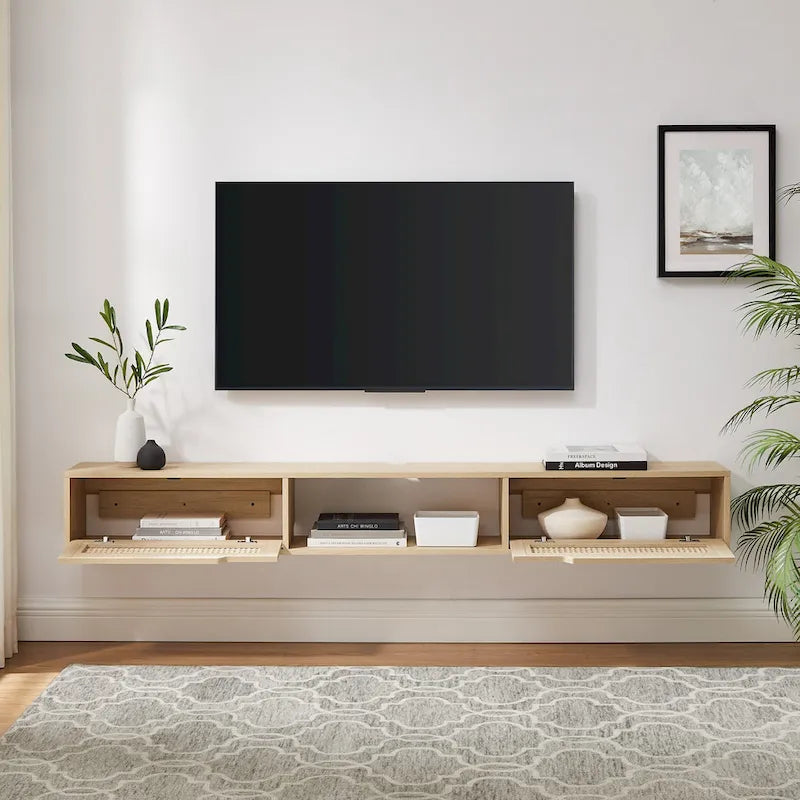 Meuble TV flottant en chêne côtier et rotin synthétique noir avec portes, 178 cm