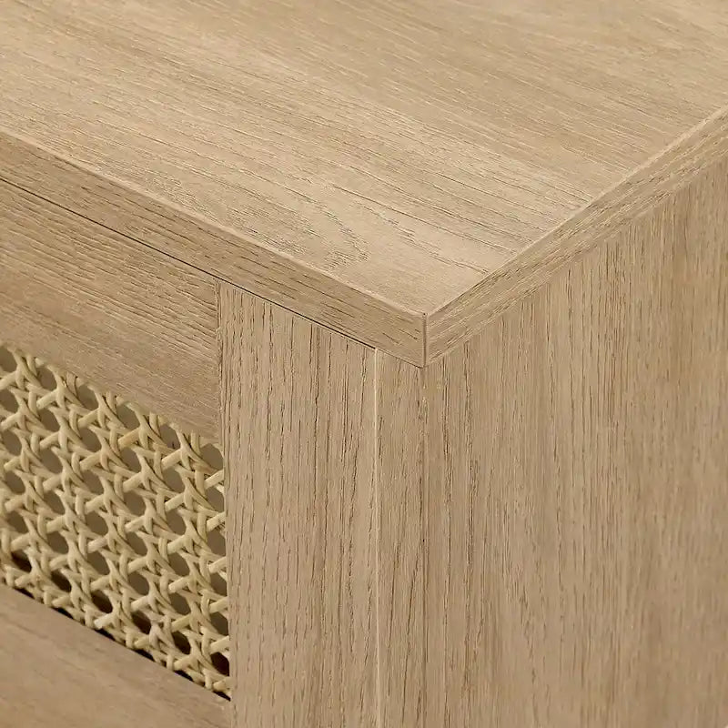 Meuble TV flottant en chêne côtier et rotin synthétique noir avec portes, 178 cm