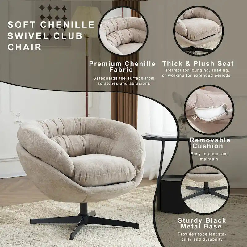 Fauteuil pivotant pour 1 personne, en tissu chenille – Beige / Bleu marine / Marron / Gris / Vert