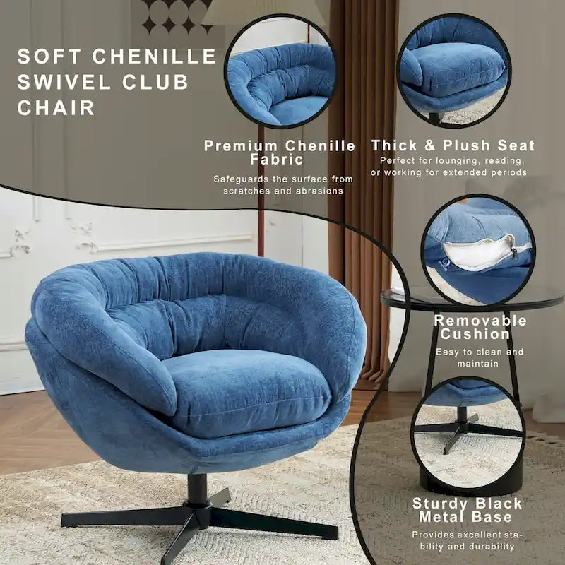 Fauteuil pivotant pour 1 personne, en tissu chenille – Beige / Bleu marine / Marron / Gris / Vert