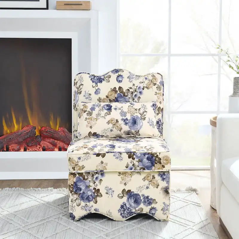 Chaise de salle à manger sans accoudoirs en velours à motif floral — Marron / Rouge / Rose / Vert / Bleu — 1 place