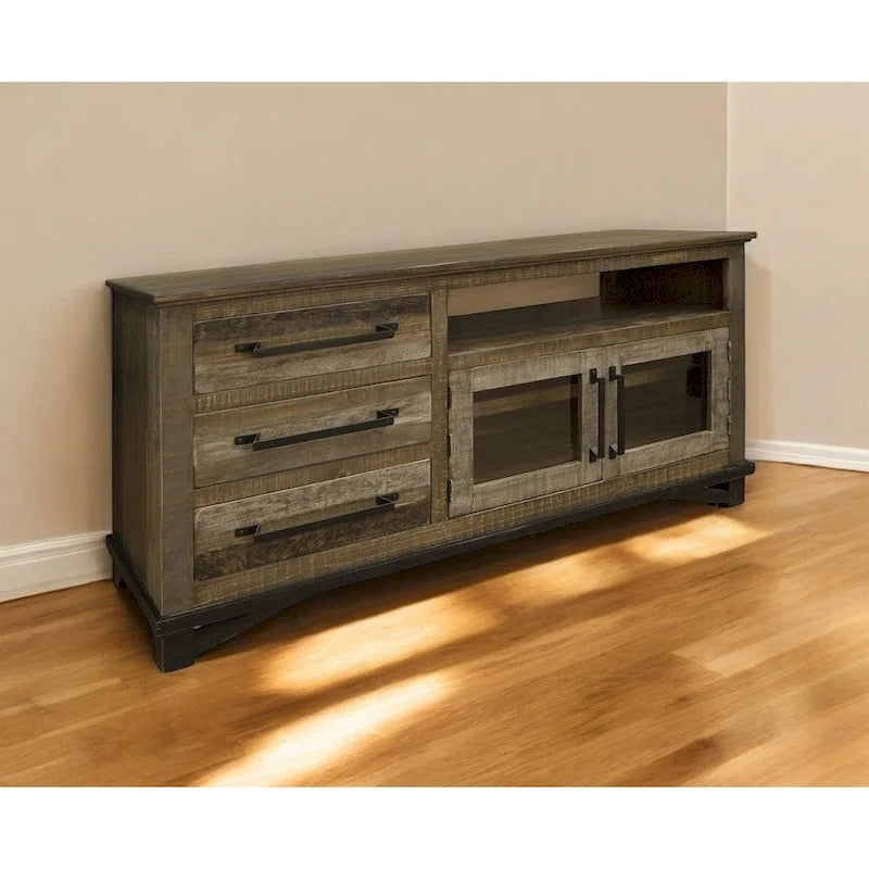 Meuble TV marron en bois massif vieilli avec rangement fermé, simple