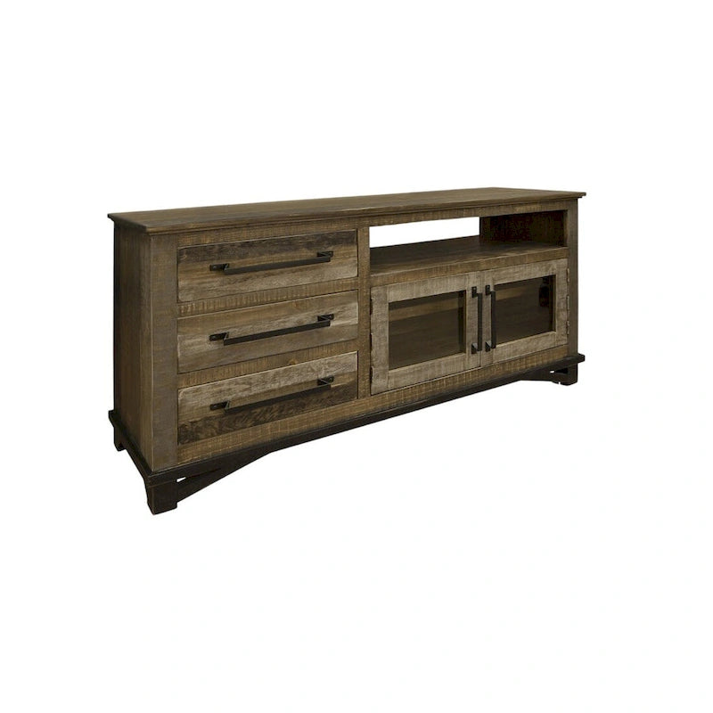 Meuble TV marron en bois massif vieilli avec rangement fermé, simple