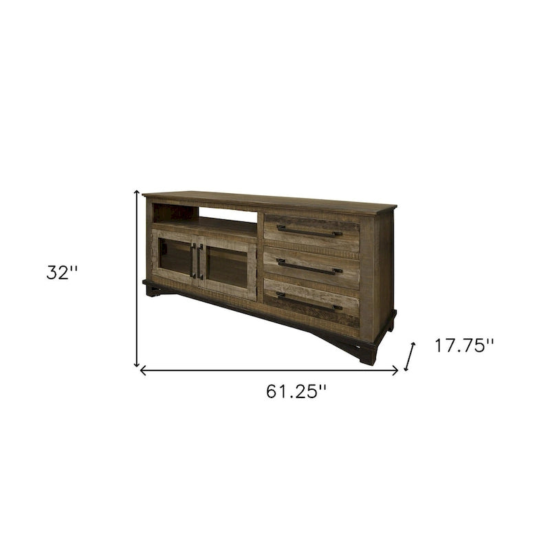 Meuble TV marron en bois massif vieilli avec rangement fermé, simple