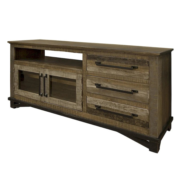 Meuble TV marron en bois massif vieilli avec rangement fermé, simple