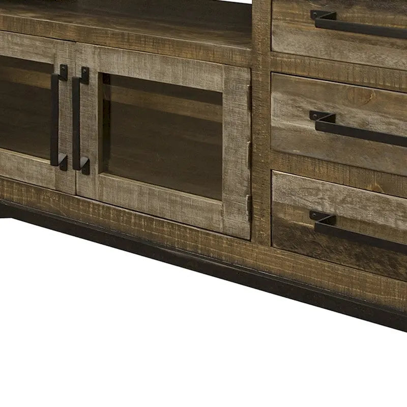 Meuble TV marron en bois massif vieilli avec rangement fermé, simple