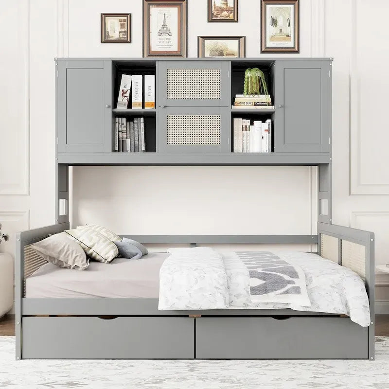Lit de repos en bois gris/blanc avec rangement – Lit simple/double, 1 place