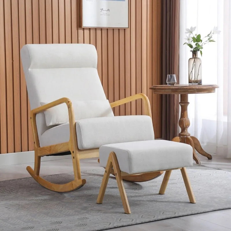 Fauteuil à bascule haut dossier en lin blanc avec repose-pieds, 1 personne