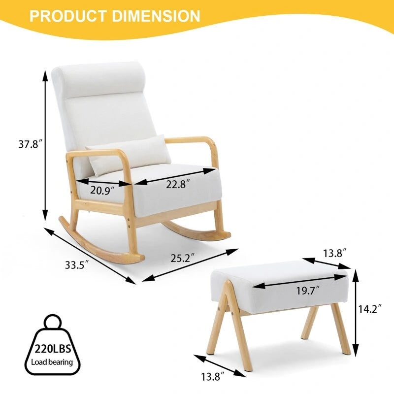 Fauteuil à bascule haut dossier en lin blanc avec repose-pieds, 1 personne