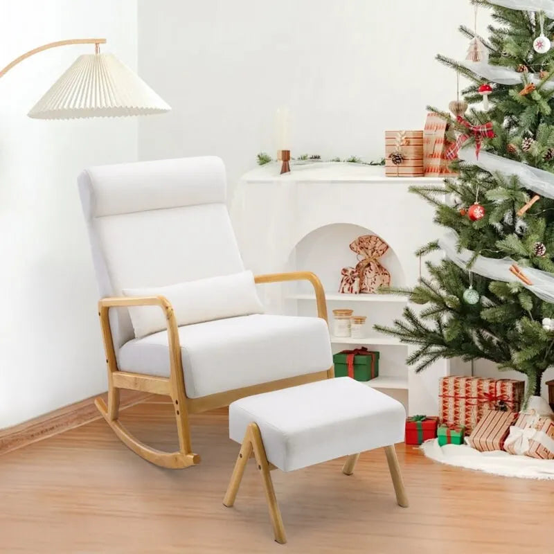 Fauteuil à bascule haut dossier en lin blanc avec repose-pieds, 1 personne