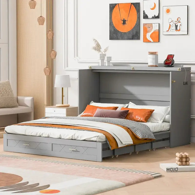 Lit escamotable Queen Gray Queen avec tiroir et ports USB, 1 personne