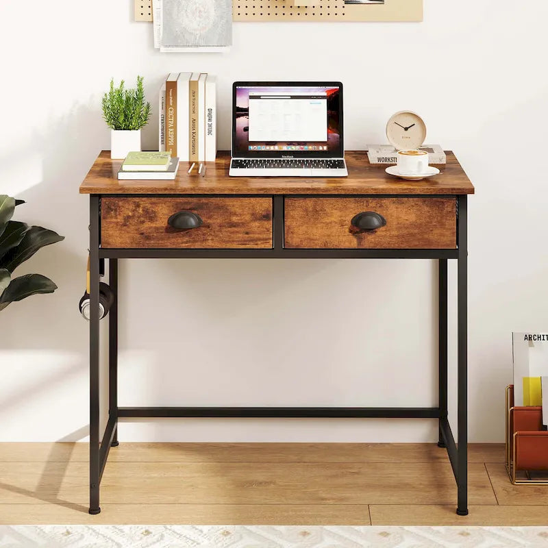 Bureau d'étude compact blanc/marron avec 2 tiroirs pour 1 personne