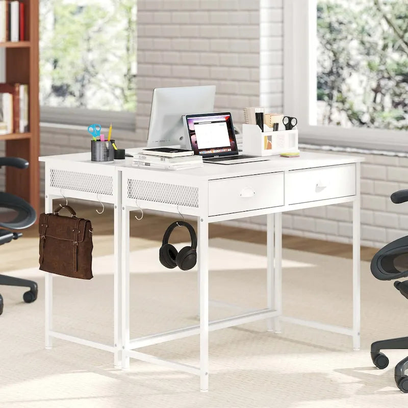 Bureau d'étude compact blanc/marron avec 2 tiroirs pour 1 personne