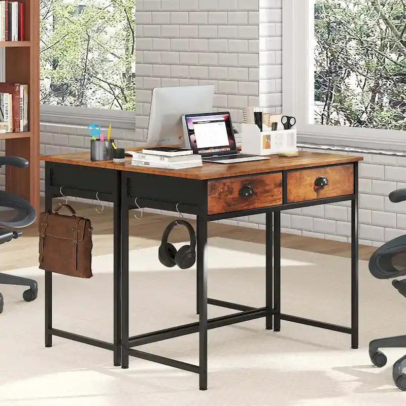 Bureau d'étude compact blanc/marron avec 2 tiroirs pour 1 personne
