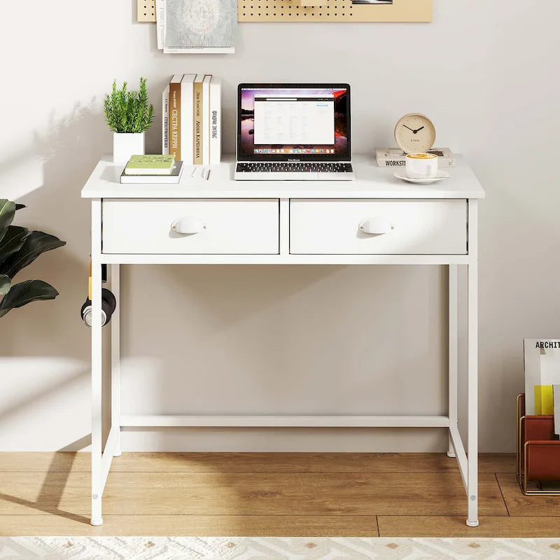 Bureau d'étude compact blanc/marron avec 2 tiroirs pour 1 personne
