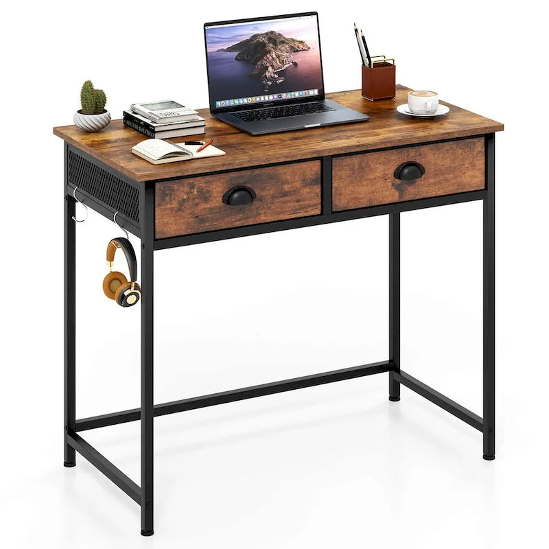 Bureau d'étude compact blanc/marron avec 2 tiroirs pour 1 personne
