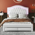 Lit plateforme en PU blanc/rose avec tête de lit coquillage, LED et tiroirs – Queen/Full