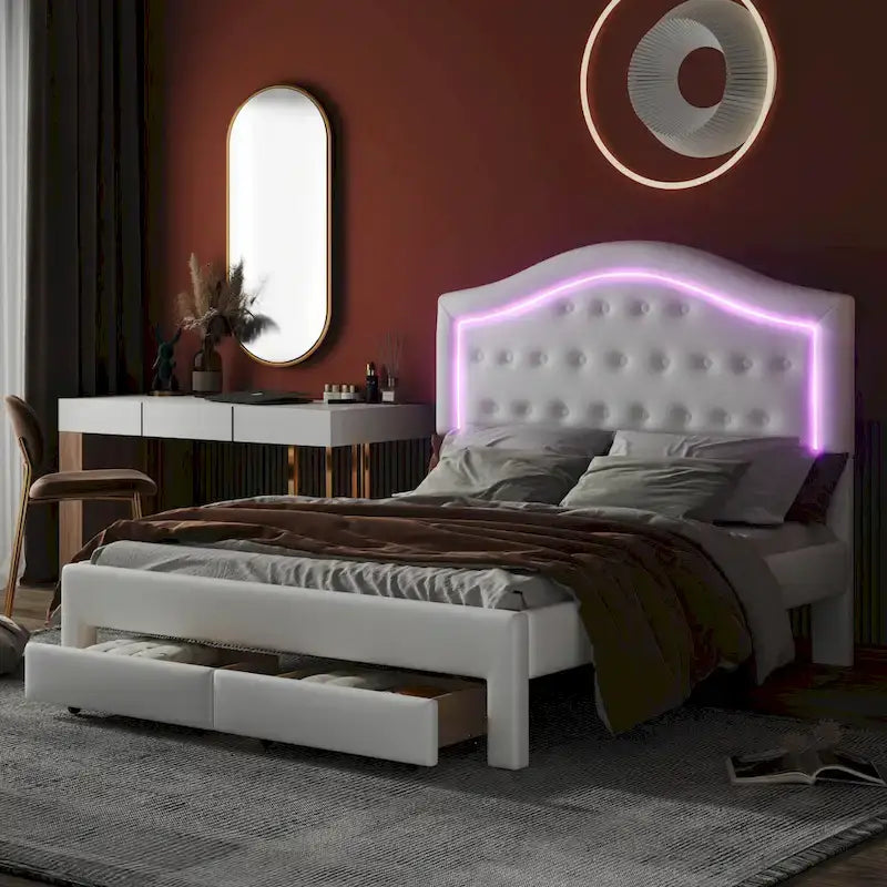 Lit plateforme en PU blanc/rose avec tête de lit coquillage, LED et tiroirs – Queen/Full