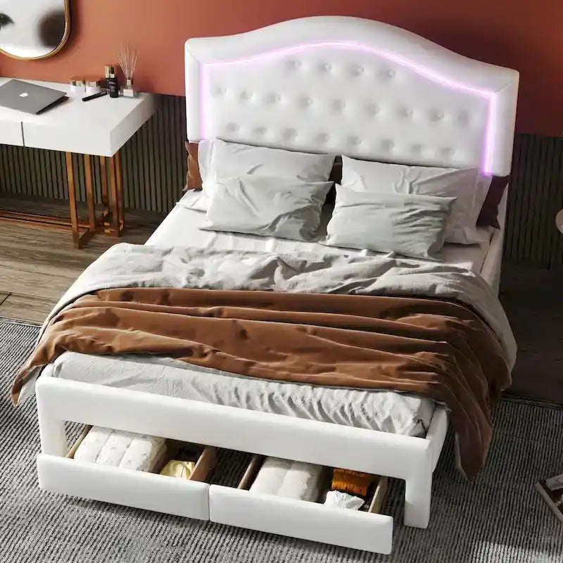 Lit plateforme en PU blanc/rose avec tête de lit coquillage, LED et tiroirs – Queen/Full