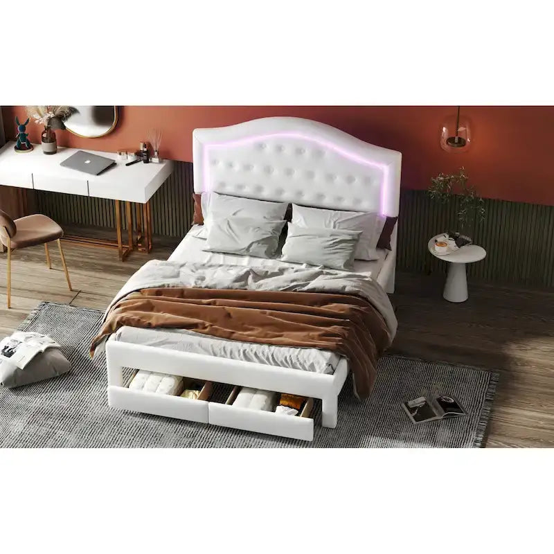 Lit plateforme en PU blanc/rose avec tête de lit coquillage, LED et tiroirs – Queen/Full