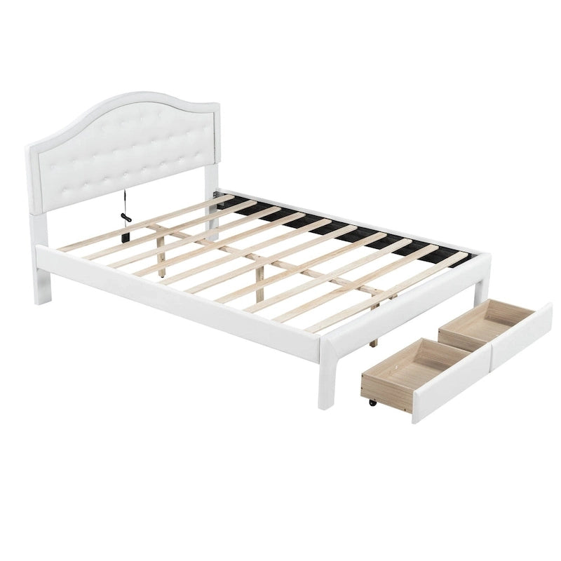 Lit plateforme en PU blanc/rose avec tête de lit coquillage, LED et tiroirs – Queen/Full