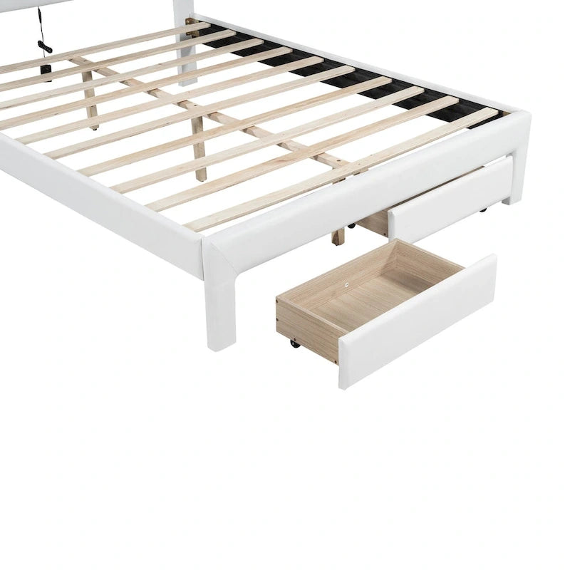 Lit plateforme en PU blanc/rose avec tête de lit coquillage, LED et tiroirs – Queen/Full