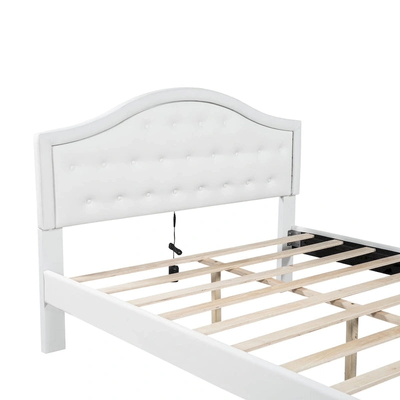 Lit plateforme en PU blanc/rose avec tête de lit coquillage, LED et tiroirs – Queen/Full
