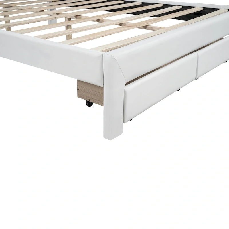 Lit plateforme en PU blanc/rose avec tête de lit coquillage, LED et tiroirs – Queen/Full