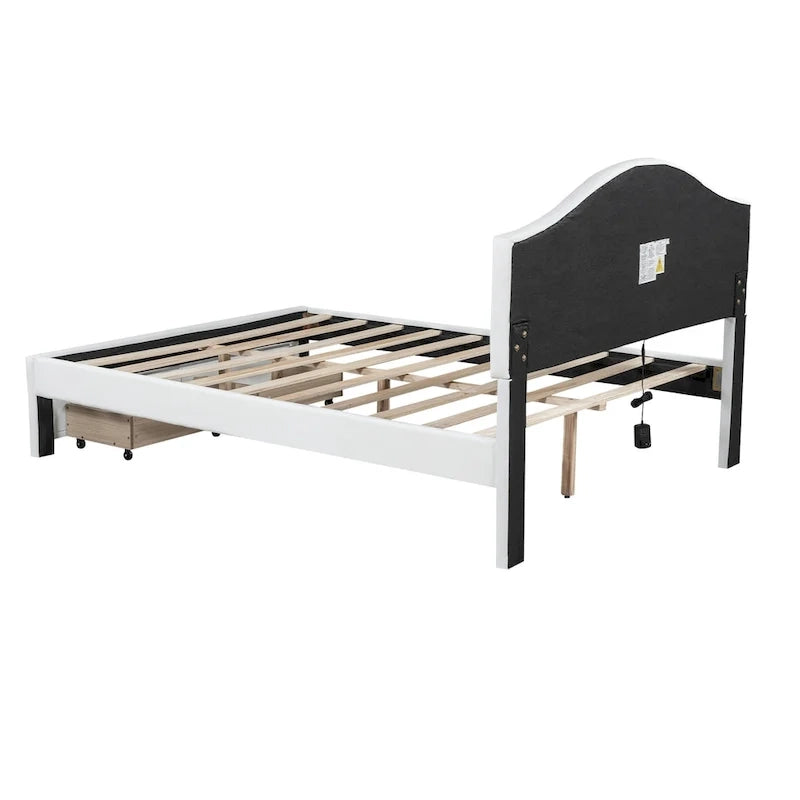 Lit plateforme en PU blanc/rose avec tête de lit coquillage, LED et tiroirs – Queen/Full