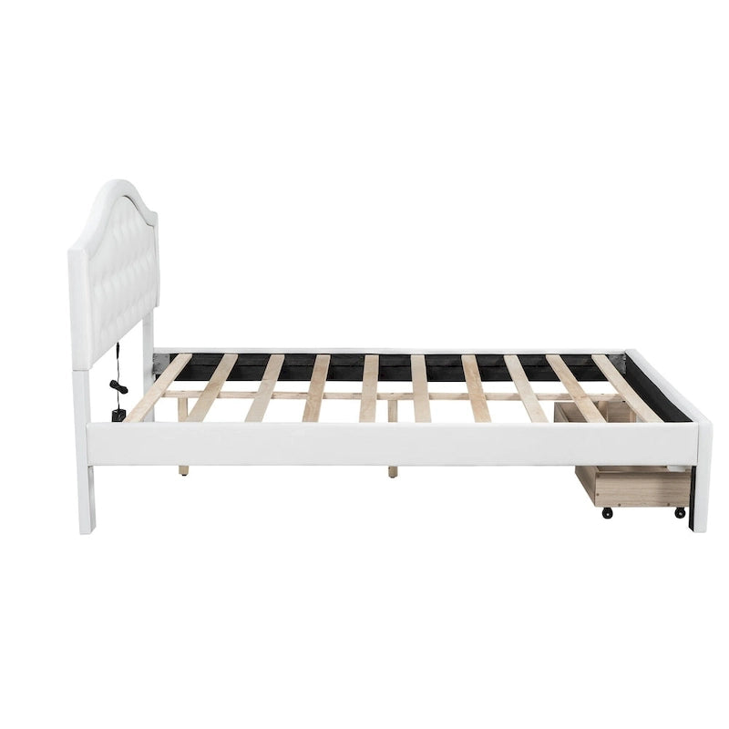 Lit plateforme en PU blanc/rose avec tête de lit coquillage, LED et tiroirs – Queen/Full
