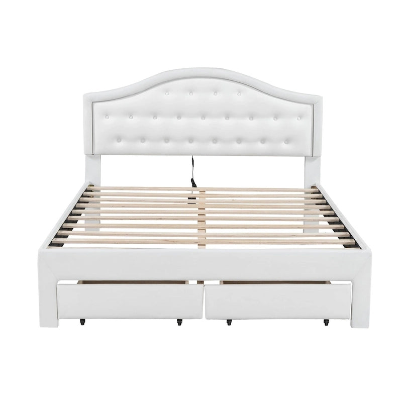 Lit plateforme en PU blanc/rose avec tête de lit coquillage, LED et tiroirs – Queen/Full