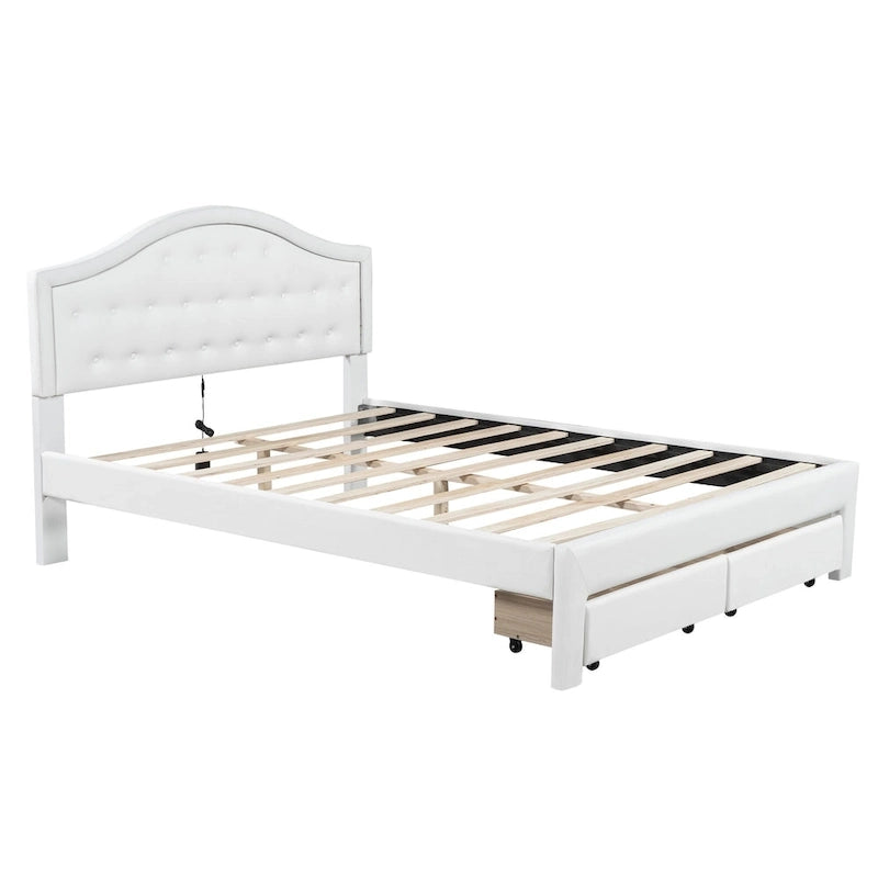 Lit plateforme en PU blanc/rose avec tête de lit coquillage, LED et tiroirs – Queen/Full