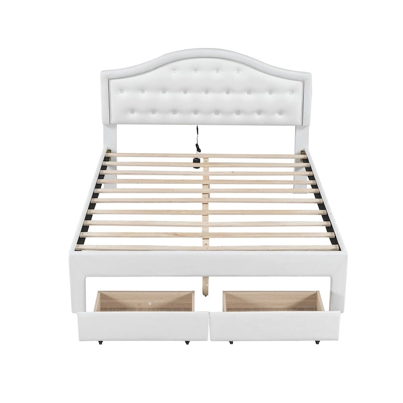 Lit plateforme en PU blanc/rose avec tête de lit coquillage, LED et tiroirs – Queen/Full