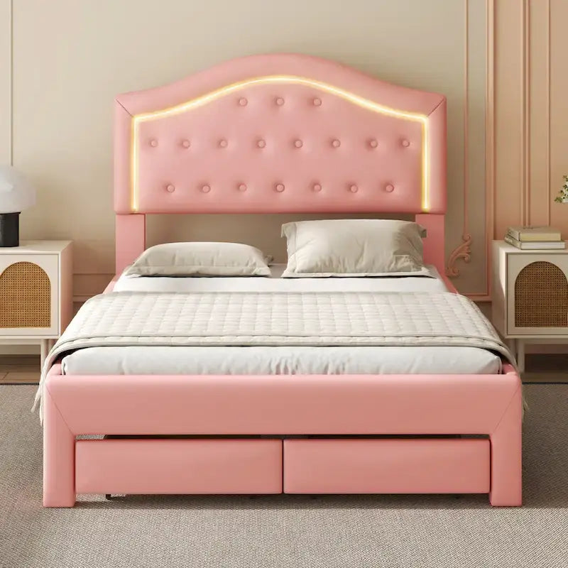 Lit plateforme en PU blanc/rose avec tête de lit coquillage, LED et tiroirs – Queen/Full