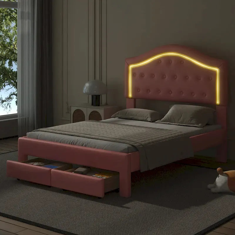 Lit plateforme en PU blanc/rose avec tête de lit coquillage, LED et tiroirs – Queen/Full