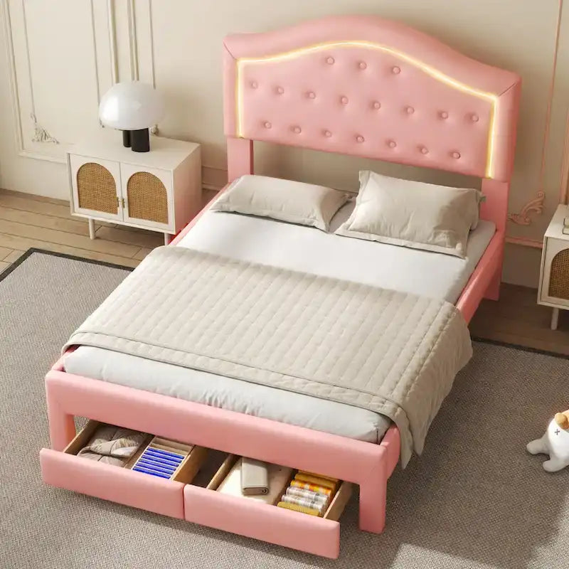 Lit plateforme en PU blanc/rose avec tête de lit coquillage, LED et tiroirs – Queen/Full
