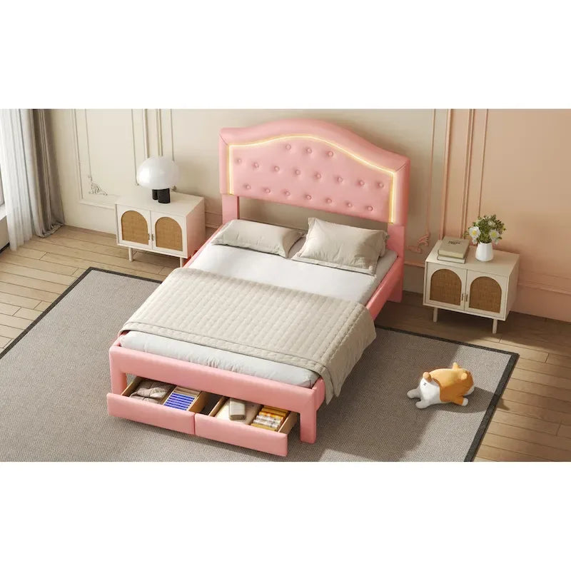 Lit plateforme en PU blanc/rose avec tête de lit coquillage, LED et tiroirs – Queen/Full