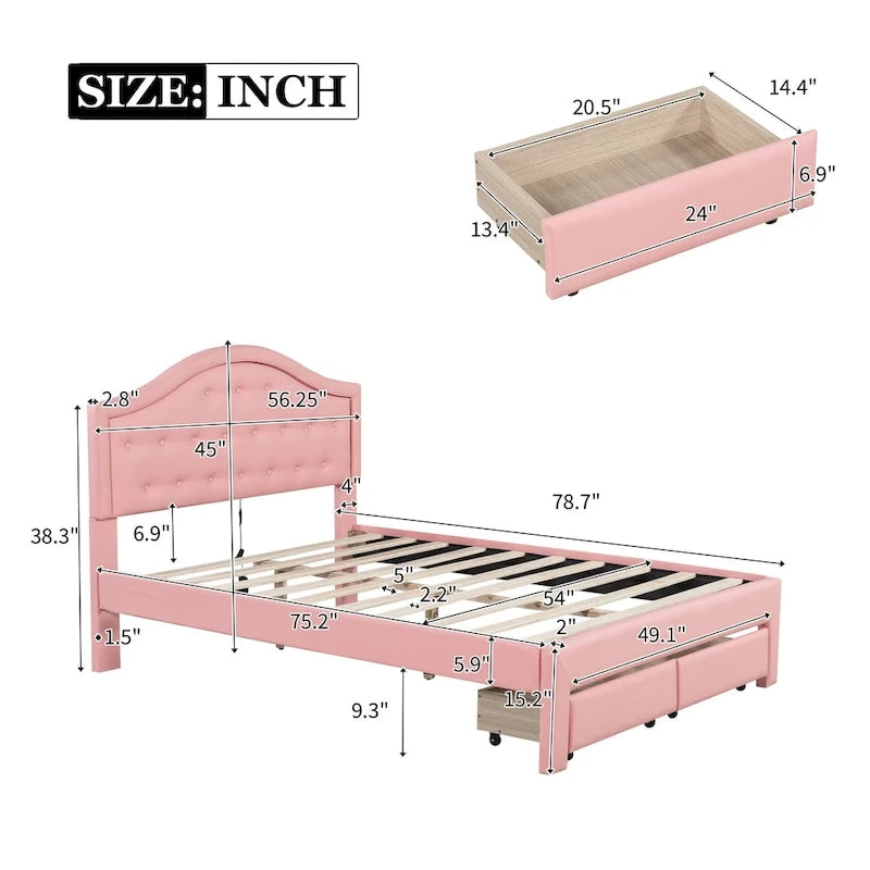 Lit plateforme en PU blanc/rose avec tête de lit coquillage, LED et tiroirs – Queen/Full